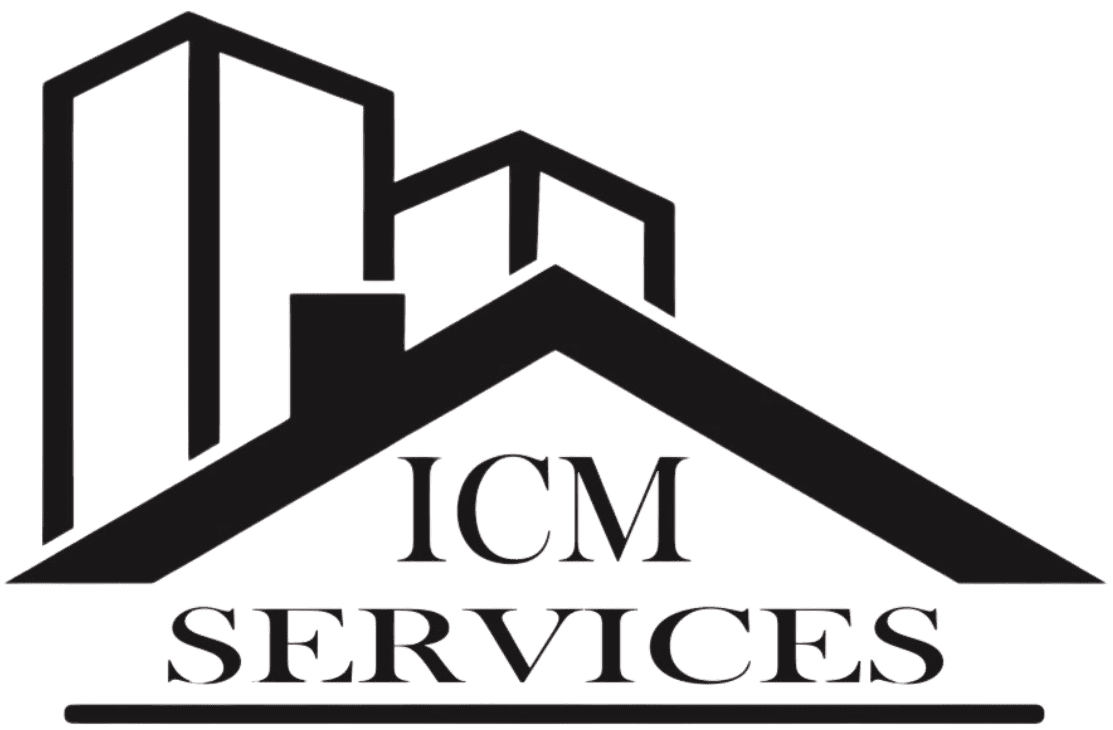 A logo with the text "ICM Services," featuring stylized building silhouettes above a sloped roof design.